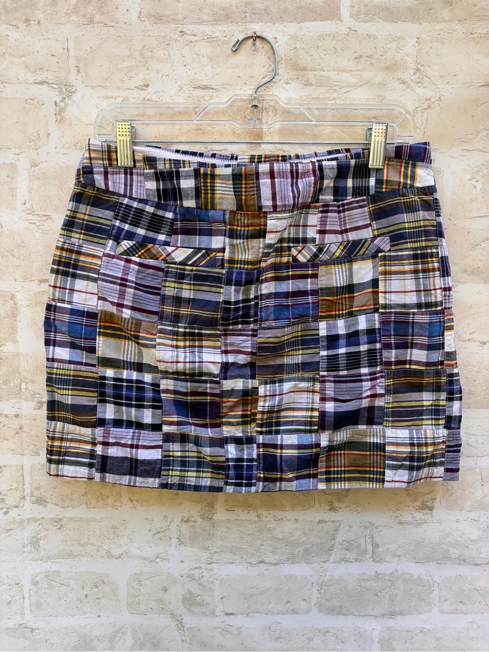J. Crew size 8 madras Patchwork Plaid Mini Skirt in Navy, Yellow, Burgundy